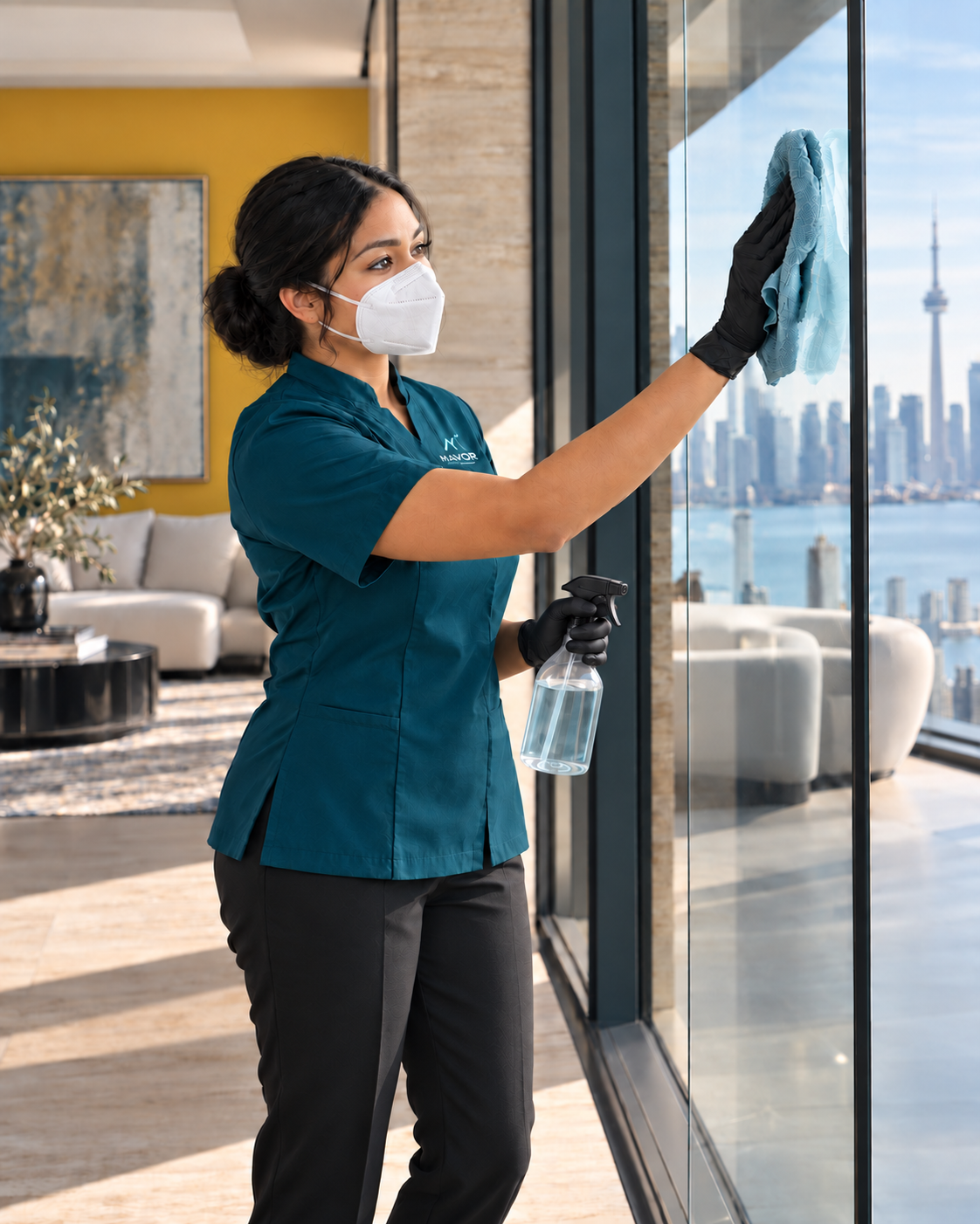 MAVOR cleaning specialist carefully polishing glass in a Toronto residence